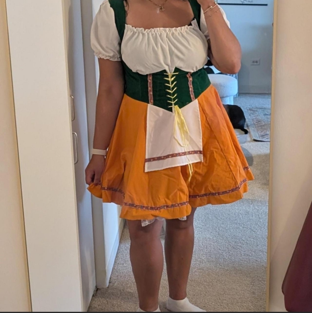 Festive Green and Orange Dirndl Dress